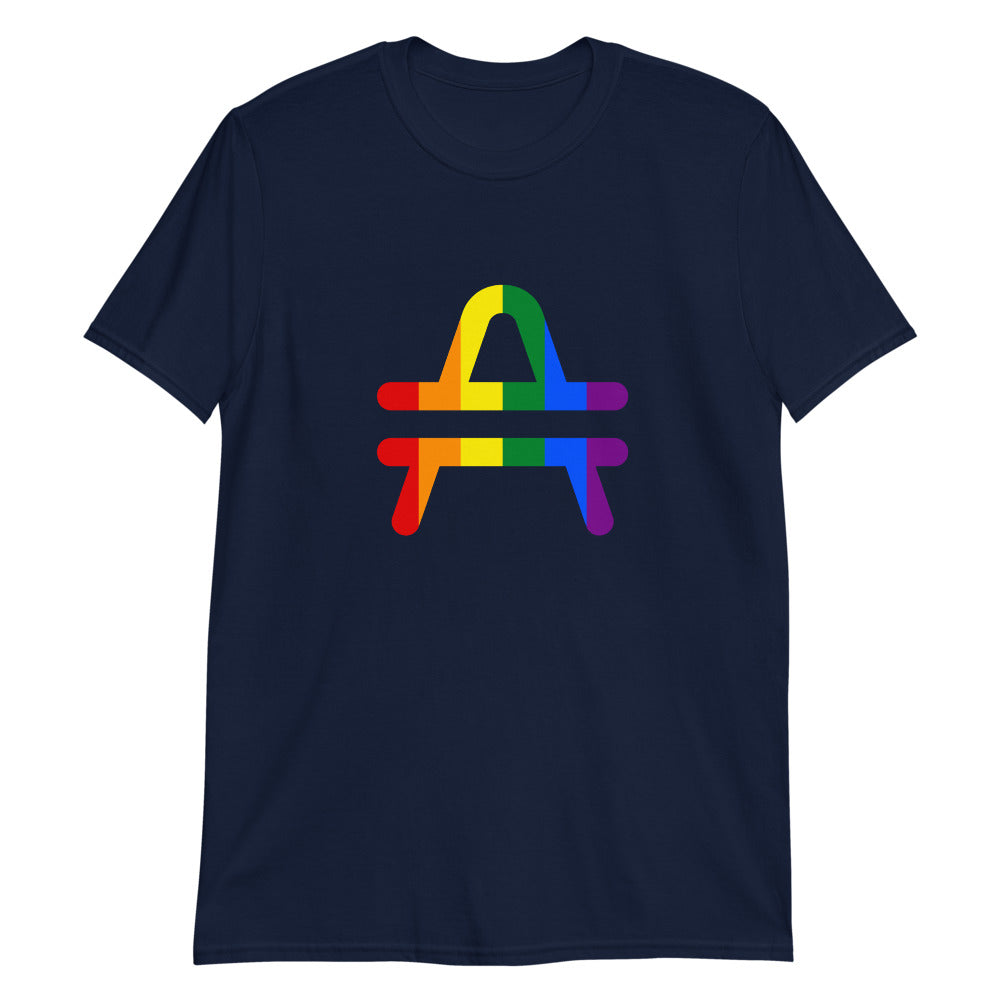 AMP Token Inverse PRIDE T-Shirt in navy worn on display