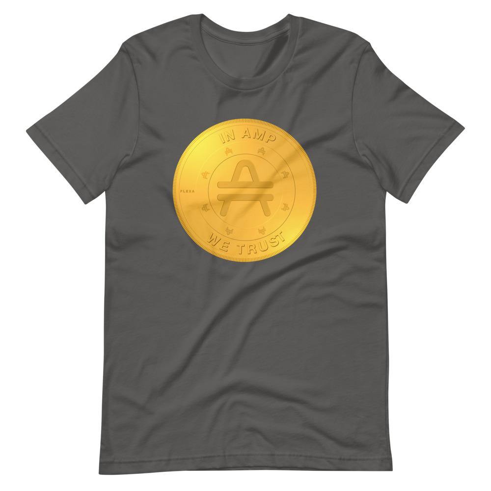 Shirt on ground with an AMP Token 2D AMP rendering design in an asphalt color