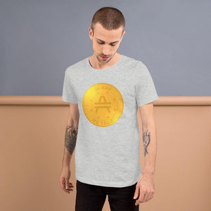 Tattooed guy wearing AMP Token shirt of 2D AMP rendered design in a light gray color