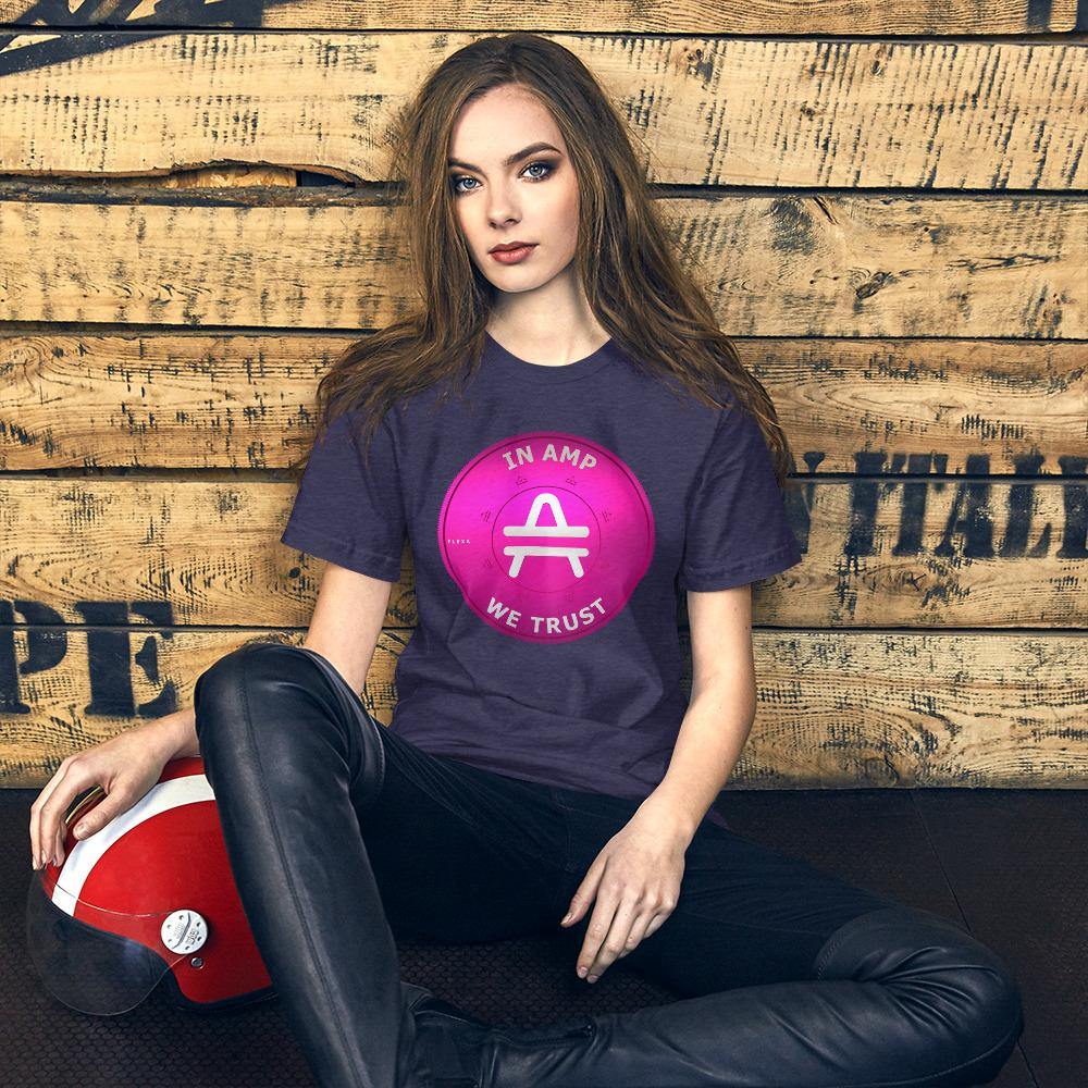 Young woman sitting Wearing AMP Token 3D AMP rendering Shirt in a dark navy color