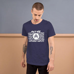 Tattooed male model in a Navy AMP Token Amp swagg Tee