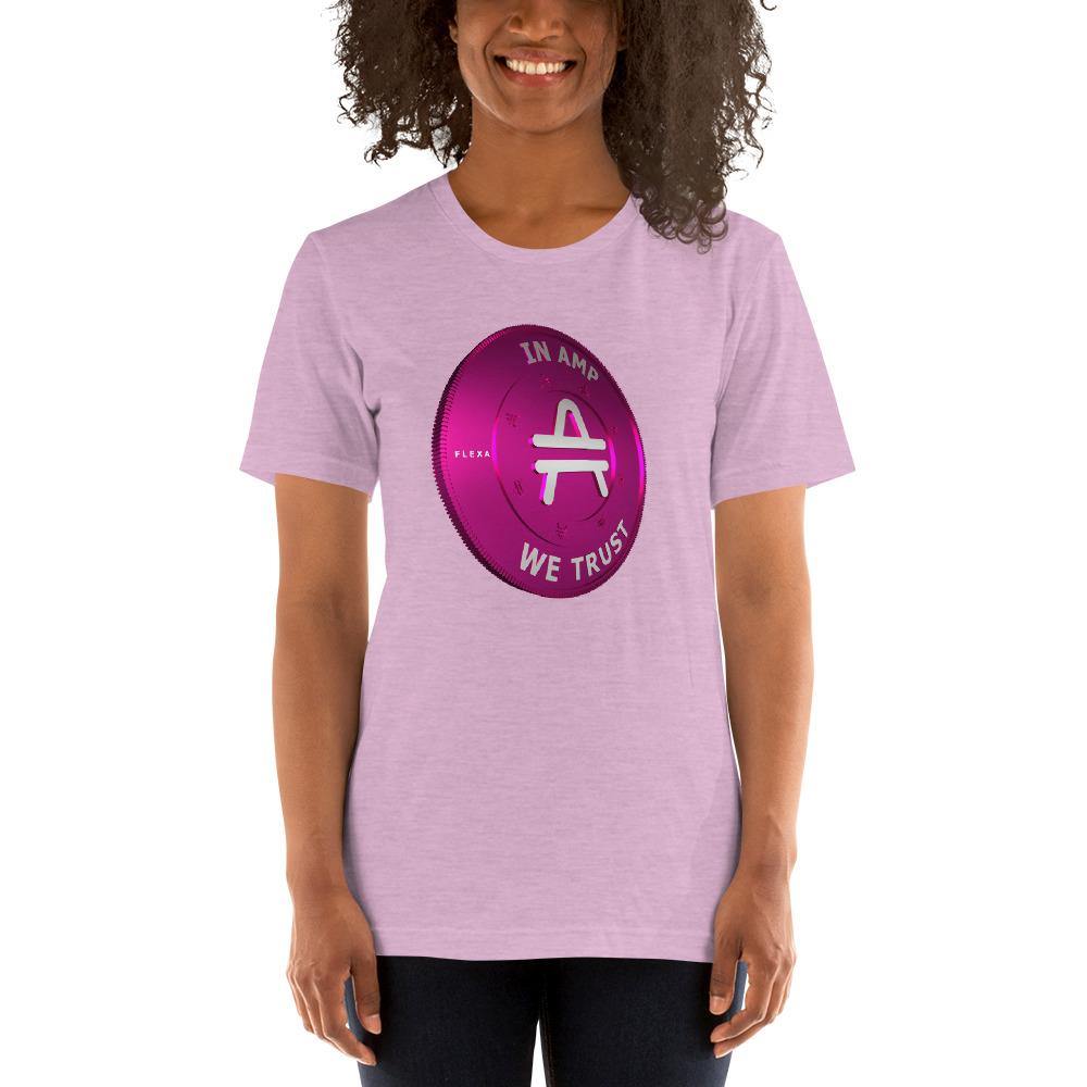 Young woman model Wearing AMP Token 3D AMP rendering Shirt in a pink lilac color