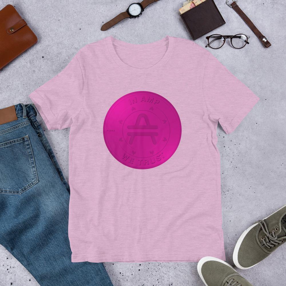 Shirt on ground with an AMP Token 2D AMP rendering design in a pink lilac color