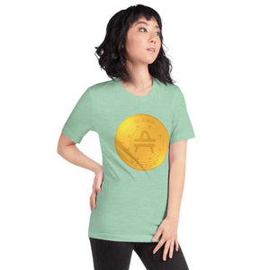 Young woman Wearing AMP Token 2D AMP rendering Shirt in a light green color