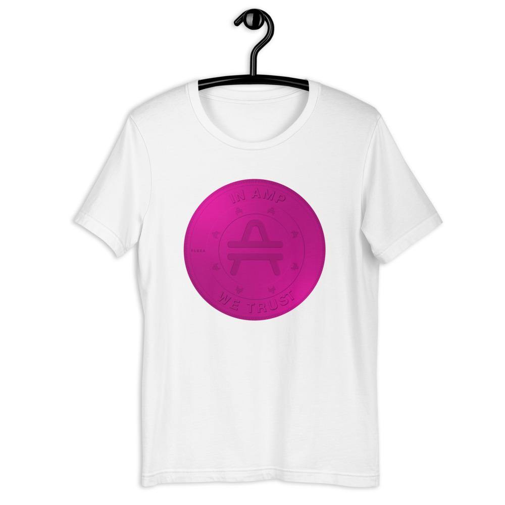 White shirt on hanger with AMP Token 2D AMP rendering design in a white color