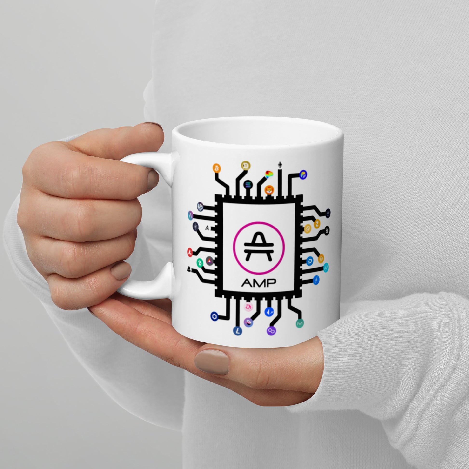 an AMP Swagg CPU mug in white