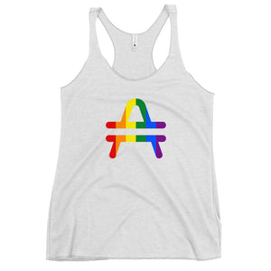 AMP Token Inverse PRIDE Racerback Tank in heather-white on display